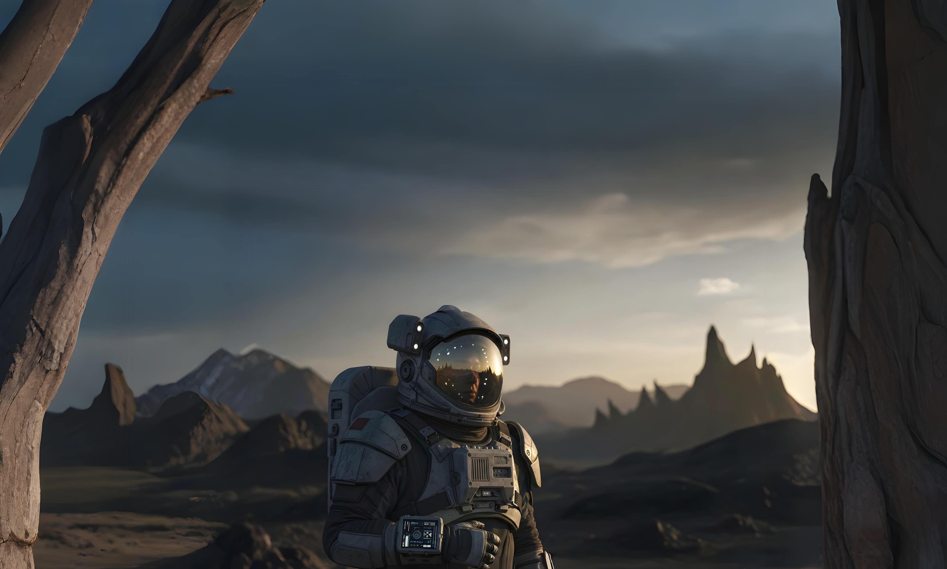Astronaut in space suit looking at Earth